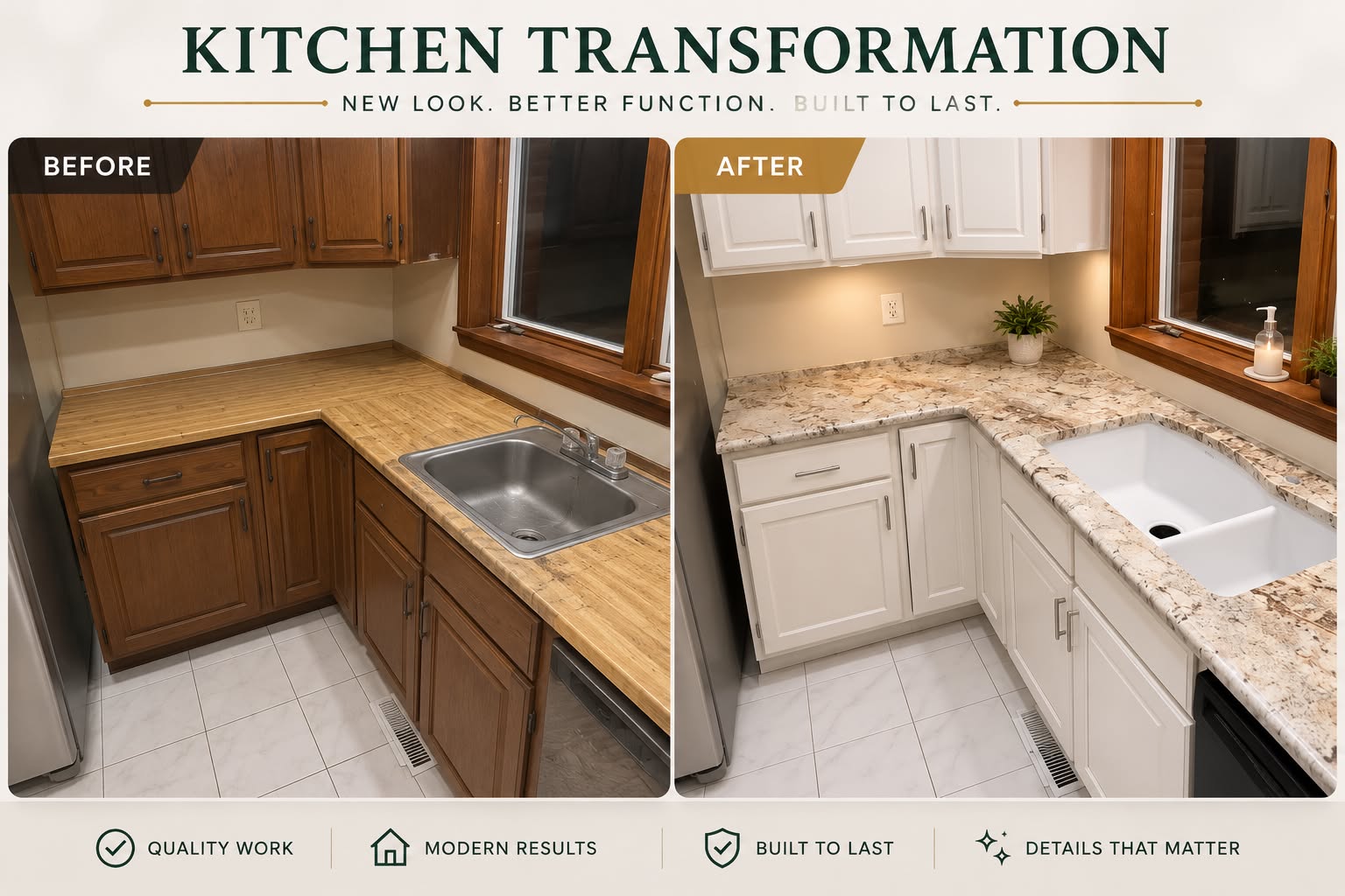 Before and after of a kitchen remodel with refinished white cabinets and new stone countertops
